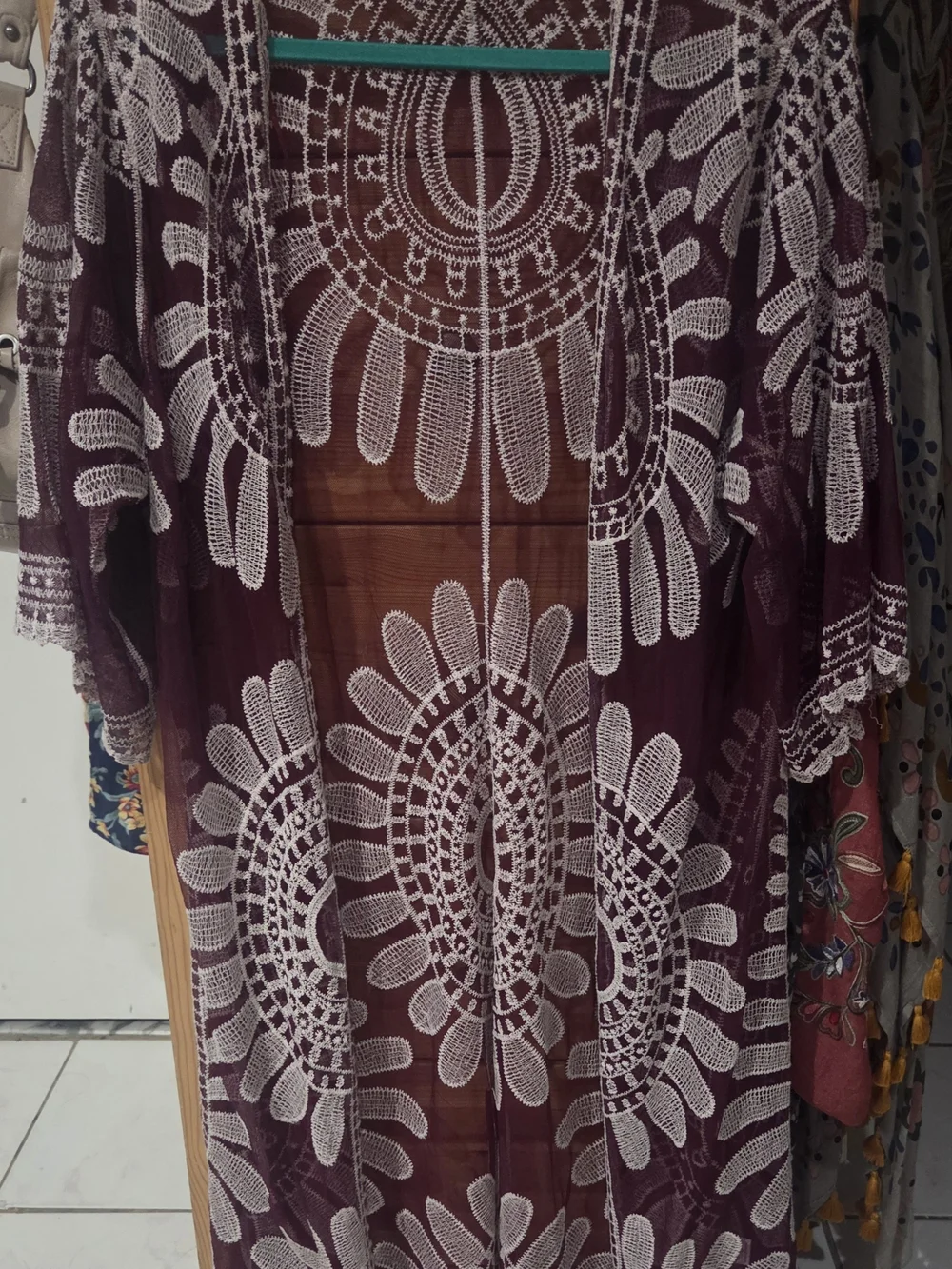 Women’s Lace Overlay Kimono, Swim Cover-Up, Shawl, Deep Wine With White Embroide